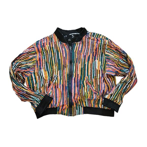 Vtg Multicolor Stripe Bomber Jacket Womens MArtsy Ecletic Floral Lining Full Zip - Picture 1 of 8